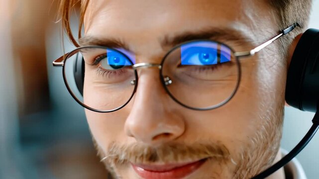 Focused Gaze: A close-up shot of a man wearing glasses and a headset, his eyes reflecting a digital screen, embodying focus and concentration.
