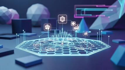 AI-RPA's Core Logic in a Low Poly , Digital Processes Executed on a Futuristic Hexagonal Grid, Glowing White Icons Confirming Successful Task Completion