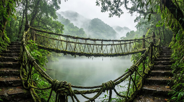Fototapeta Scenic landscape of rope bridge with moss over lake