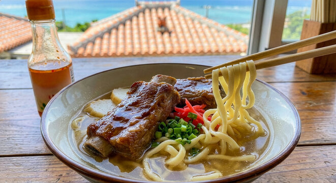 湯気立つ絶品！沖縄名物ソーキそば - 伝統の味覚と心温まる一杯