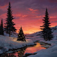 Winter scene lit tree by stream, fiery sunset sky