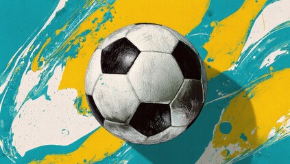 Soccer ball on painted teal and yellow background