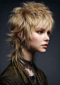 An up-close portrait of a woman in an elegant salon setting whose hair is warmly blonde and textured with a wolf cut, dressed in an alternative fashion, high-detail photograph