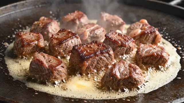 Sizzling Steak Bites Cooking in Butter on a Hot Pan.