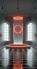 Lit display glass column, platform, neon rings, high ceiling