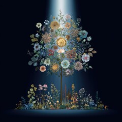 Floral tree bathed in light on dark ground