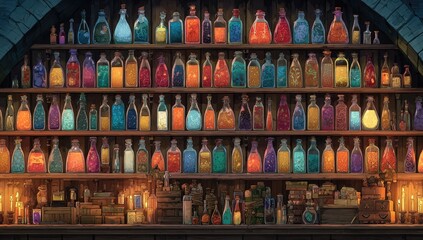 Shelves filled with colorful bottles of liquid