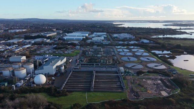 Aerial View of a Large Water Purification facility in the British city of Havant Suburban Landscape