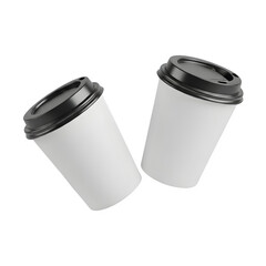 Two blank white paper coffee cups with black lids isolated on transparent background