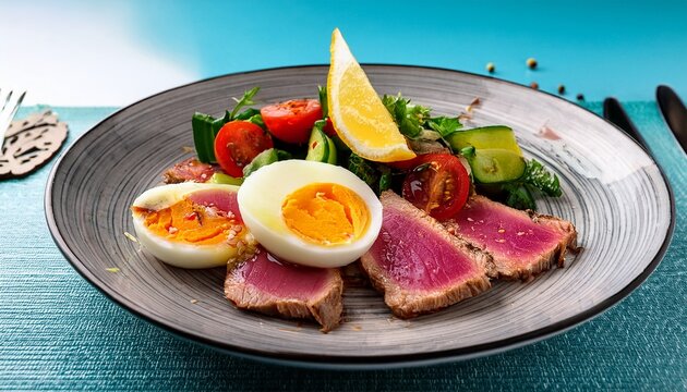grilled tuna slices with vegetables herbs and soft boiled egg