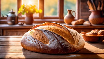 freshly baked bread on wooden table in cozy rustic kitchen