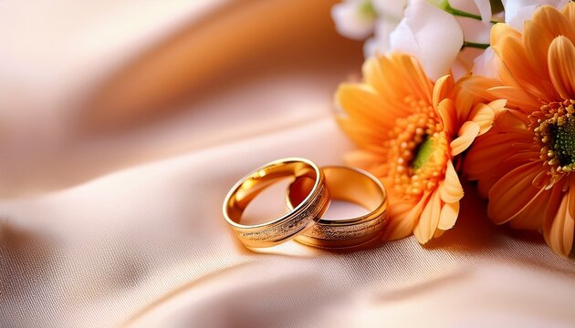 gold wedding rings with flowers on soft fabric background