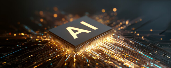 AI word on microchip and colorful light spread with strong beam , AI concept with copyspace banner background