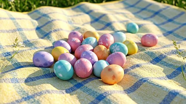 Vibrant Easter eggs scattered on a plaid picnic blanket, celebrating spring