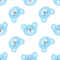 Blue bear face seamless pattern. Teddy bear background. Cute bear repeat pattern, nursery tile