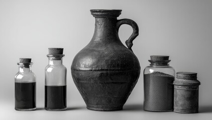 Still life with old bottles and jug, grayscale