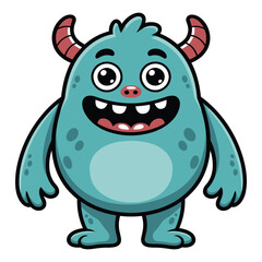 Fototapeta premium A friendly round teal cartoon monster with big eyes a wide grin and small horns standing on two feet with its arms outstretched