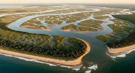Aerial View of a Winding River Delta with Lush Green Marshlands and Ocean Coastline Keywords: aerial, view, river, delta, marsh, wetlands, water, coastline