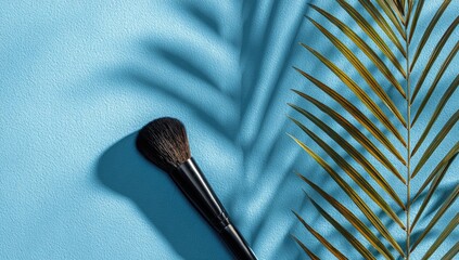 Makeup brush, palm shadow on light blue background