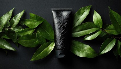 Black tube surrounded by bright green leaves, dark backdrop