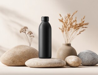 Black bottle on rocks with dried plants, neutral backdrop