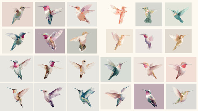 Soft pastel hummingbird illustrations showing elegant flying poses and gentle colors perfect for nature artwork decor prints and modern creative design themes.