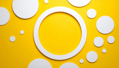 White circular shapes arranged around a large central ring on a bright yellow background, creating a modern abstract composition, branding, posters, creative layouts, contemporary graphic design.