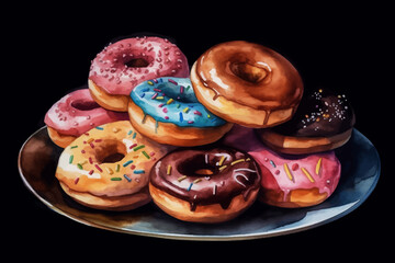 Assorted Colorful Donuts on Plate Vector Illustration on Black isolated Background