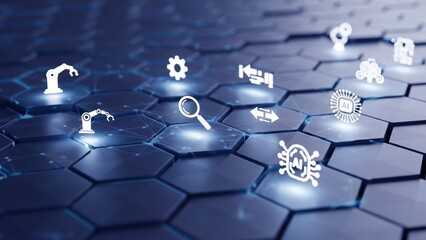 AI-RPA Concept Unveiled, Precision Automation Across a Low Poly Hexagonal Grid, Glowing White Icons Signifying Seamless Digital Transformation