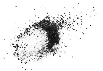 Black coal chunks, shattered pieces isolated on a white background, top view. Charcoal powder dust.