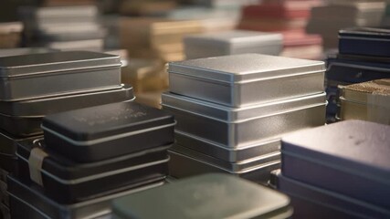 Medium shot of tightly stacked tin boxes with precision stamped edges highlighting craftsmanship and suitability for upscale gifts