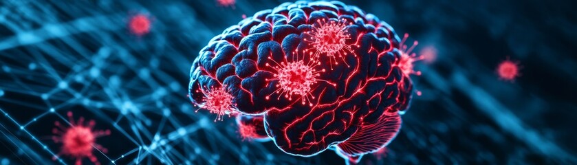 Infected Brain Red Viruses Attacking Brain, Neural Network Background, Medicine , Brain