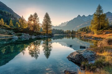Obraz premium Mountain Sunrise Over Serene Lake Reflections