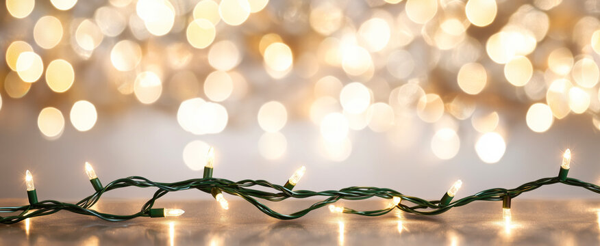 String of glowing Christmas lights resting on a metallic surface against a shimmering gold bokeh banner background with empty space for own text placement, design