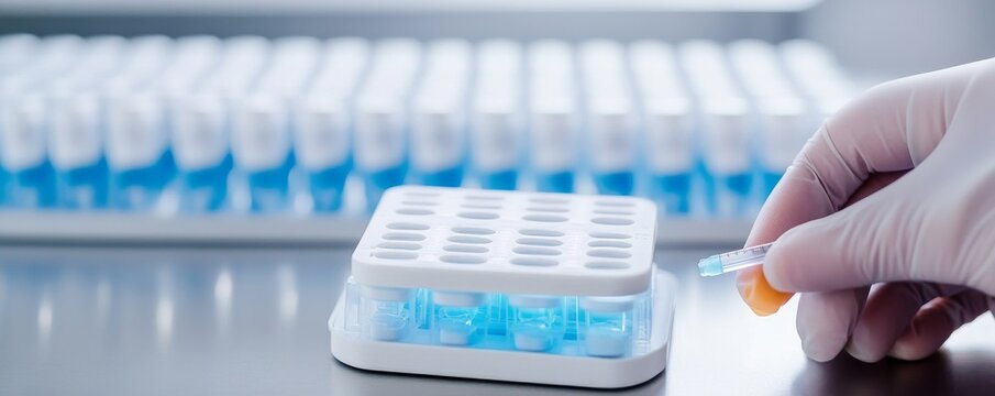 Lab Experiment Syringe and Blue Liquid Vials in Rack, Science, Research