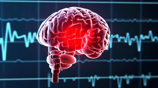 Brain on Display: An illuminated brain is displayed against a backdrop of complex neurological activity and vital wave forms, illustrating the intricate essence of human thought.