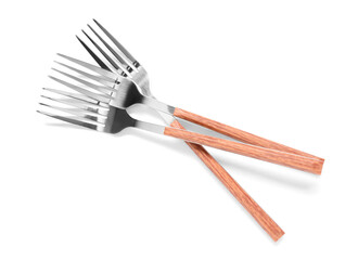 Silver forks on white background