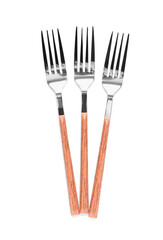 Silver forks on white background