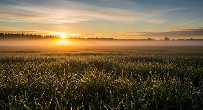 Golden Sunrise Over a Misty Meadow with Dew- Kissed Grass in the Foreground dawn morning