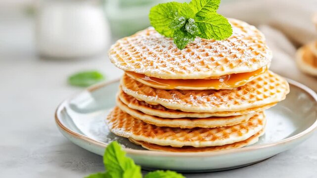 Delicious stack of caramel waffles with fresh mint and powdered sugar garnish