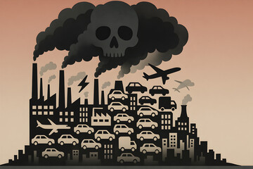 Air pollution concept illustration of crowded industrial city with factories, cars and airplanes emitting toxic smog forming skull shaped cloud over the skyline
