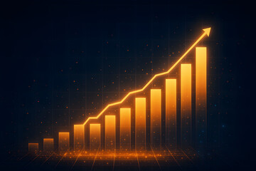 Glowing orange bar chart with rising arrow on dark digital background symbolizing financial growth, business analytics success and positive economic performance over time
