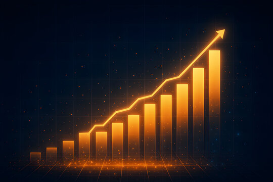 Glowing orange bar chart with rising arrow on dark digital background symbolizing financial growth, business analytics success and positive economic performance over time
