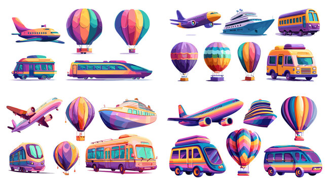 Collection of vibrant transport illustrations including planes balloons trains cars buses and boats with bold colors perfect for travel design projects and playful creative visuals. - Powered by Adobe