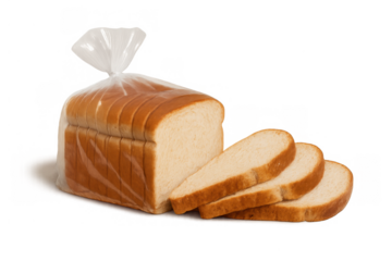 Sliced white bread loaf in plastic packaging and separate slices, fresh bakery food item on transparent background