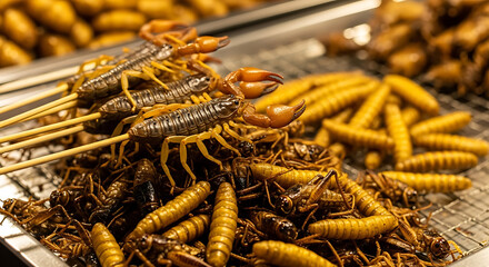 Skewered scorpions and fried insects displayed for sale at a street food market graphic