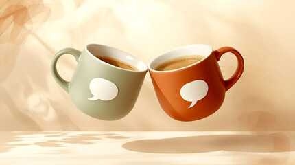 Floating coffee mugs with speech bubble icons on a warm minimal background, symbolizing communication, connection, conversation and cozy social interaction in a modern conceptual setting