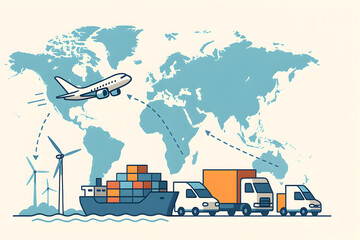 Global logistics illustration featuring worldwide shipping routes with airplanes, cargo trucks, container ships and renewable energy elements on a stylized world map background
