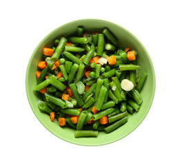 Bowl with stewed mixed vegetables on white background