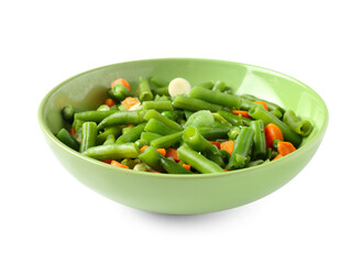 Bowl with stewed mixed vegetables on white background